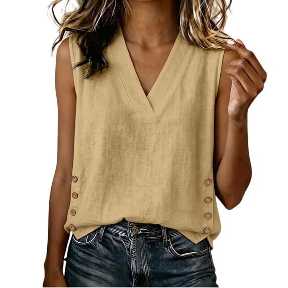 Women's Sleeveless Tank Tops Textured Loose Tunic Tops Button Slit Hem Casual Layering Shirts Solid Basic Tank Shirts Fashion Outfit Khaki