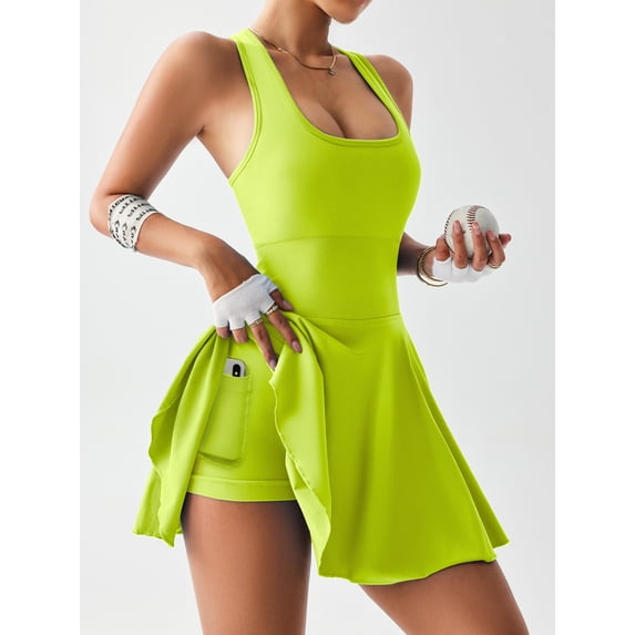 Women’s Sleeveless Tennis Dress with Built-in Shorts & Pockets – Stretchy Breathable Workout Dress for Gym & Training