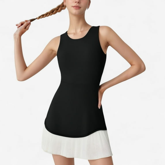 Women's Sleeveless Tennis Dress with Scoop Neck Fitted Bodice and Contrast Pleated Hem - Large, Black