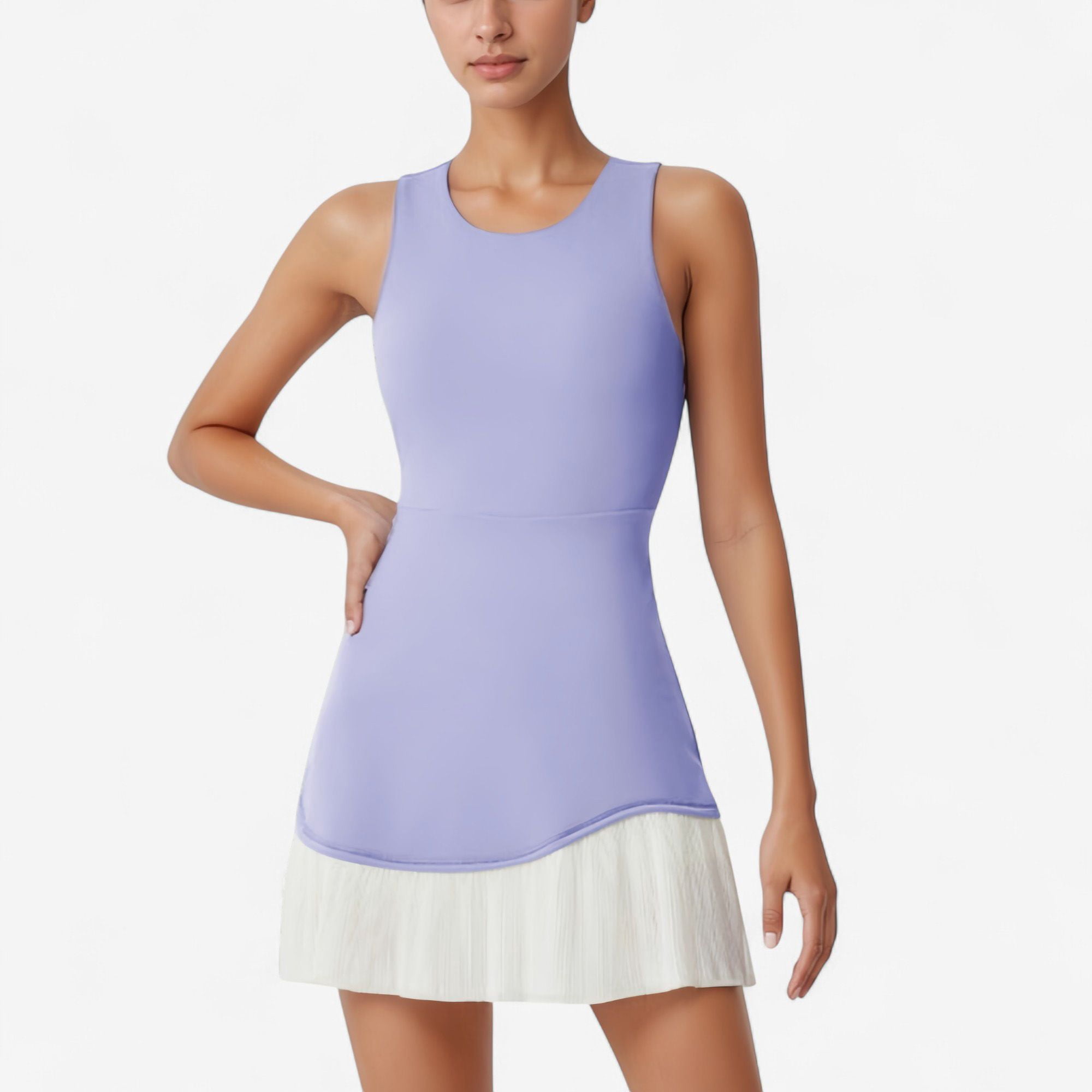 Women's Sleeveless Tennis Dress with Scoop Neck Fitted Bodice and Contrast Pleated Hem - Large, Lavender