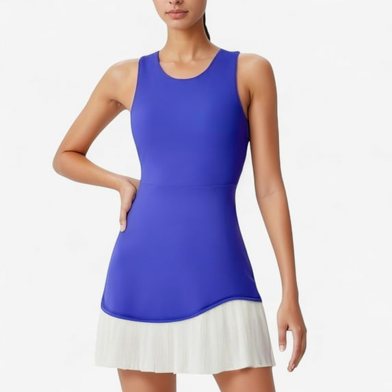 Women's Sleeveless Tennis Dress with Scoop Neck Fitted Bodice and Contrast Pleated Hem - Small, Purple