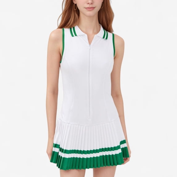 Women's Sleeveless Tennis Dress with Zip Front Contrast Trim Collar and Colorblock Pleated Skirt - Small, Green