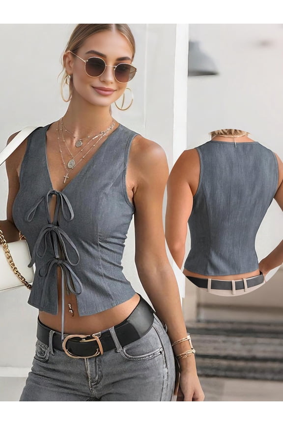 Women’s Sleeveless Tie Front Vest Top,V Neck Cropped Tank Shirt with Bow Knot Detail, Casual Summer Fashion