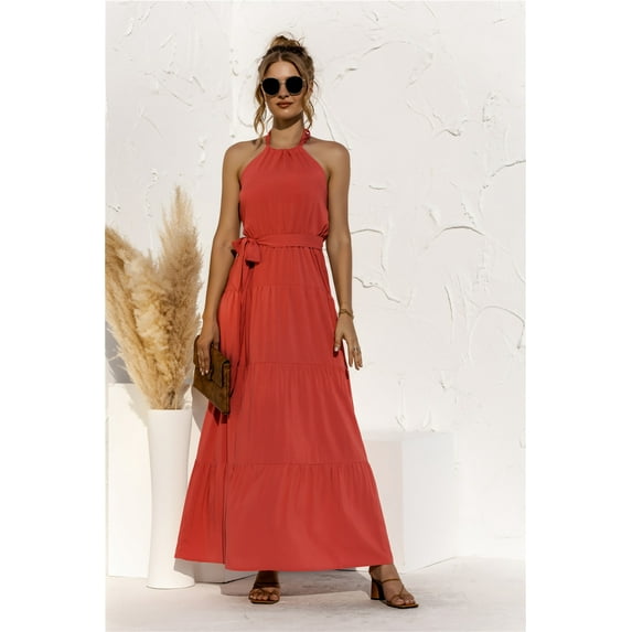 Women's Sleeveless Tie Halter Maxi Belted Ankle-length Long Dress