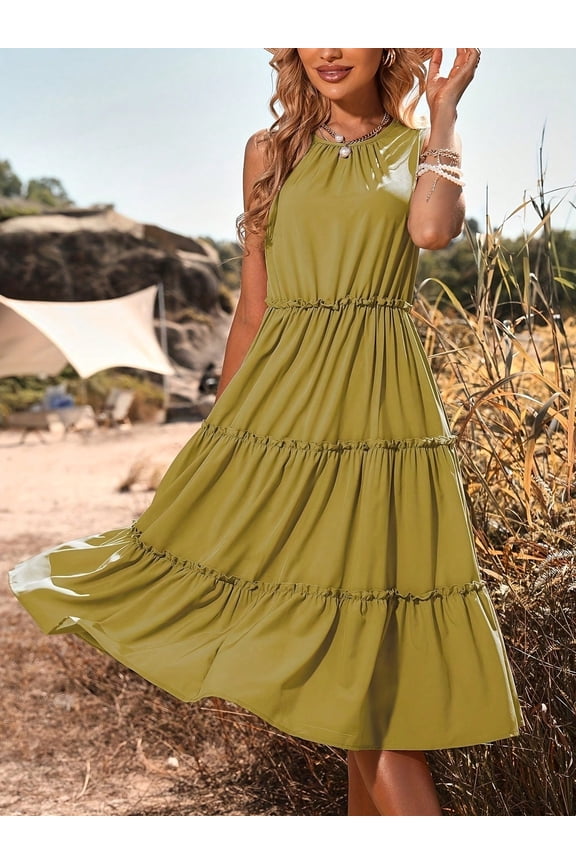 Women's Sleeveless Tiered Babydoll Dress with Gathered Details- Large, Green