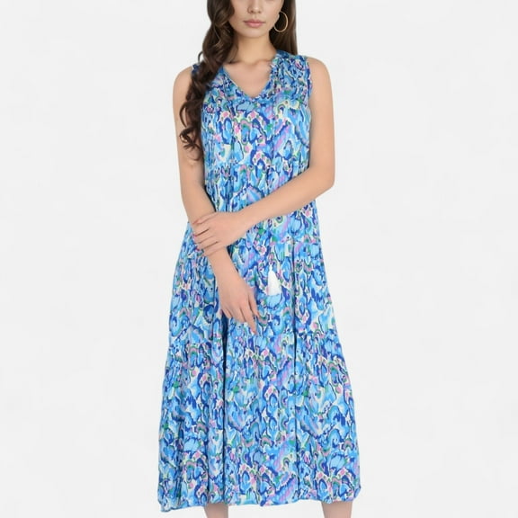 Women's Sleeveless Tiered Maxi Dress with Vibrant Abstract Print and Tassel Tie Detail- Blue,Small