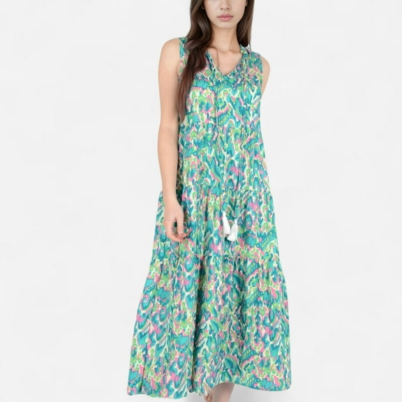 Women's Sleeveless Tiered Maxi Dress with Vibrant Abstract Print and Tassel Tie Detail- Green,Small