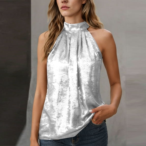 Women's Sleeveless Tops Halter Pleated Elegant Tank Top Casual Summer Work Shirts Women's Satin Sleeveless Halter Tank Top Mock Neck Metallic Party Going Out Tops
