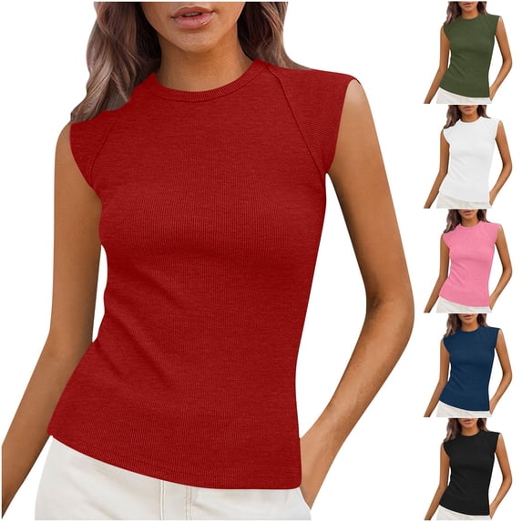 Women's Sleeveless Tops Top Tank for Women Women's Solid Color Round Neck Cover Strip Casual Blouse Army Green M