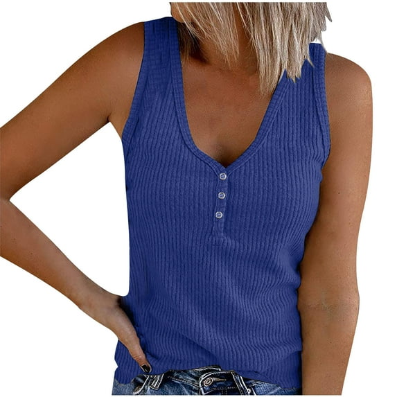 Women's Sleeveless Tunic Tops Loose Fit Flowy Y2K Tops Dressy Casual 1/4 Button up Blouse Solid Color Tank Tops Summer Clothes Vintage Henley Neck Flowy Shirts Fashion Blue T Shirts XXXL