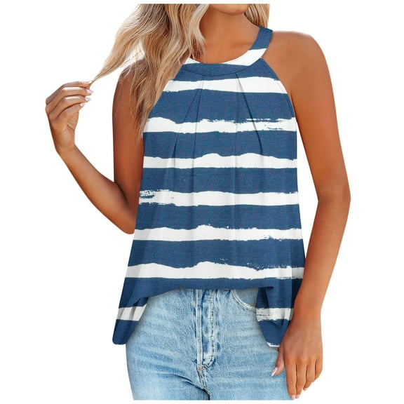 Women's Sleeveless Tunic Tops Loose Fit Flowy Y2K Tops Dressy Casual Elegant Pleated Blouse Keyhole Back Fashion Summer Clothes Striped Color Block Tank Tops Round Neck Vintage Blue T Shirts XXXL