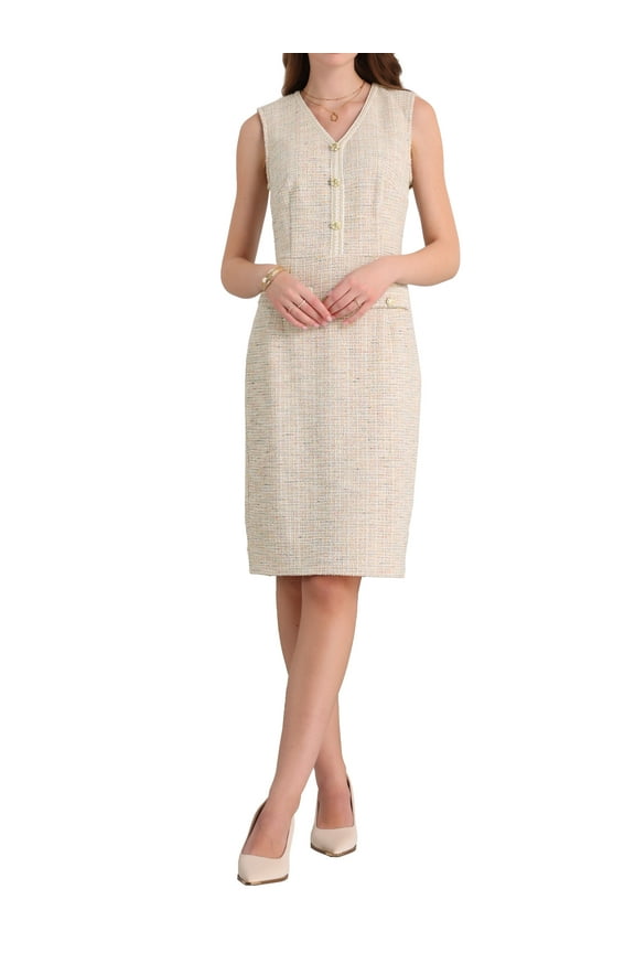 Women's Sleeveless Tweed Dress 2025 Summer Office Work V Neck Bodycon Pencil Dresses S Beige