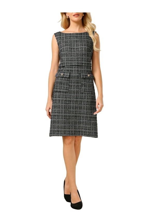Women's Sleeveless Tweed Dress Boat Neck Work Office Sheath Dresses L Black