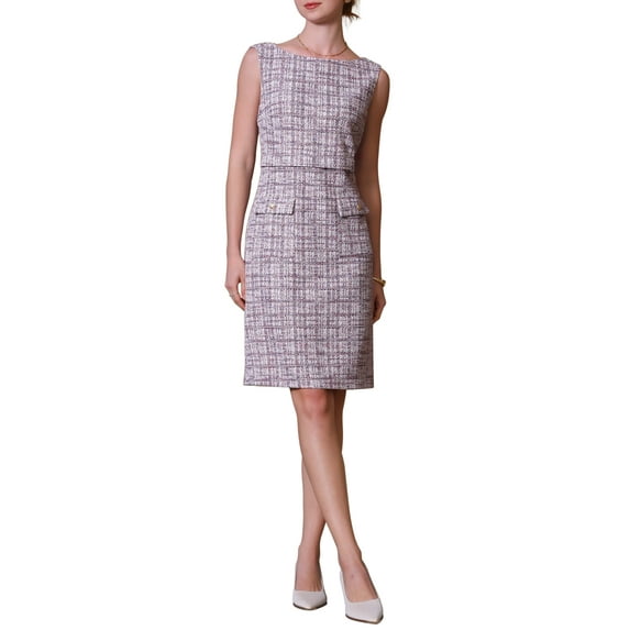 INSPIRE CHIC Women's Sleeveless Tweed Dress Boat Neck Work Office Sheath Dresses L Purple Pink