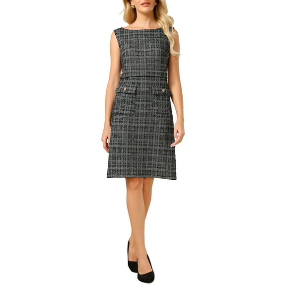INSPIRE CHIC Women's Sleeveless Tweed Dress Boat Neck Work Office Sheath Dresses XL Black