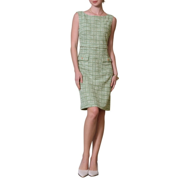 INSPIRE CHIC Women's Sleeveless Tweed Dress Boat Neck Work Office Sheath Dresses XL Green