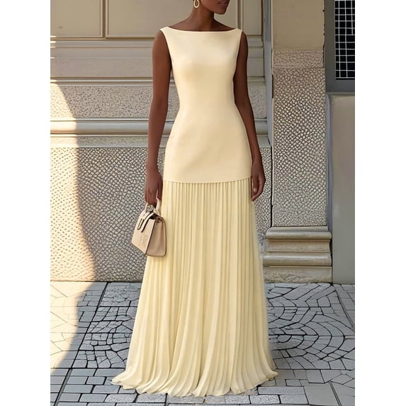 Women’s Sleeveless Two Piece Pleated Maxi Dress Elegant Boat Neck Slim Fit Dress with Structured Crepe Bodice and Flowing Chiffon Skirt