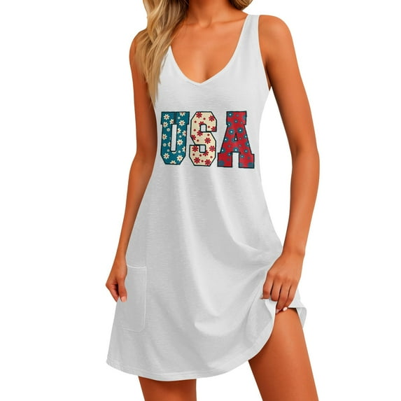 Women's Sleeveless USA Flag Print V-Neck Casual Summer Dress with Pockets, Loose Fit Beach Cover Up Red White Blue Patriotic Sundress for 4th of July,White XL