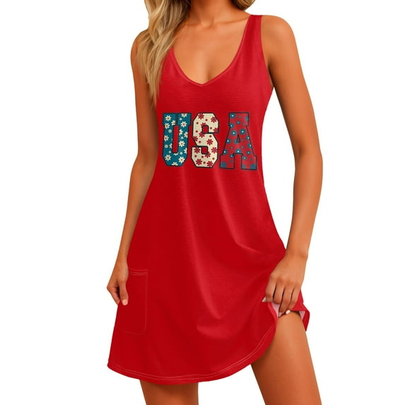 Women's Sleeveless USA Flag Print V-Neck Casual Summer Dress with Pockets, Loose Fit Beach Cover Up Red White Blue Patriotic Sundress for 4th of July,Wine XL
