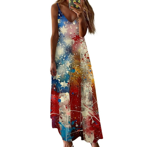Women's Sleeveless V-Neck American Flag Maxi Dress, Patriotic Summer Dress for Independence Day for Independence Day 4th of July ,Light Blue M