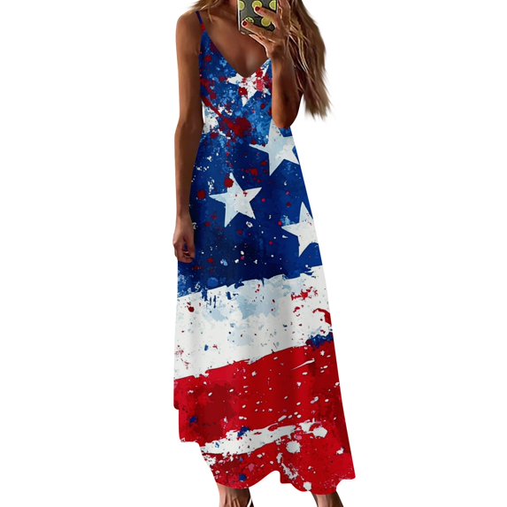 Women's Sleeveless V-Neck American Flag Maxi Dress, Patriotic Summer Dress for Independence Day for Independence Day 4th of July ,Red XL