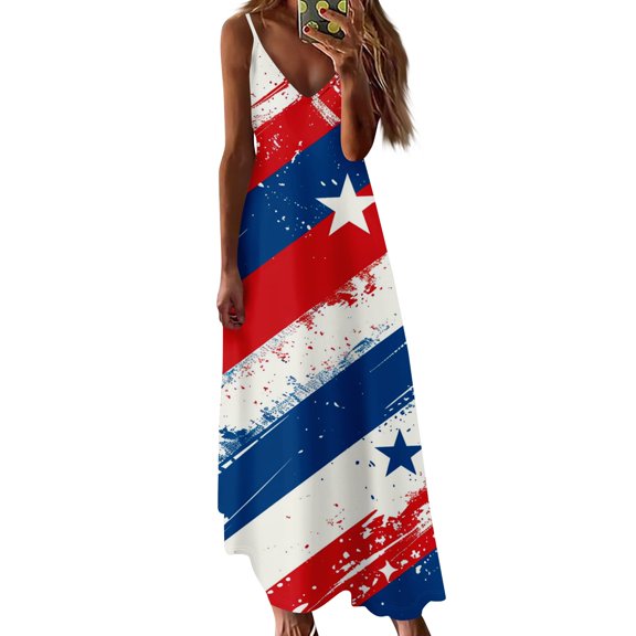 Women's Sleeveless V-Neck American Flag Maxi Dress, Patriotic Summer Dress for Independence Day for Independence Day 4th of July ,Sky Blue L