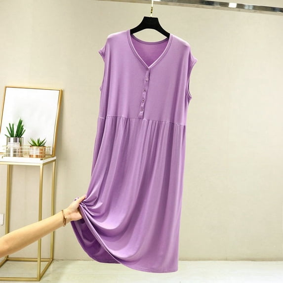 Women's Sleeveless V-Neck Button Down Swing Dress Loose Fit Casual Home Nightgown for Summer Comfort