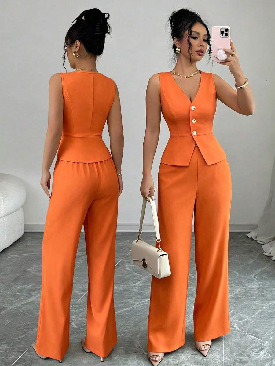 Women's Sleeveless V-Neck Button Down Vest and Wide Leg Pants Set ...