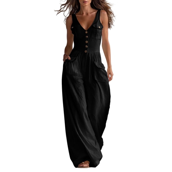 Women's Sleeveless V‑Neck Button‑Front Wide‑Leg Jumpsuit Casual Cargo One‑Piece Pants with Functional Pockets Black M(M)