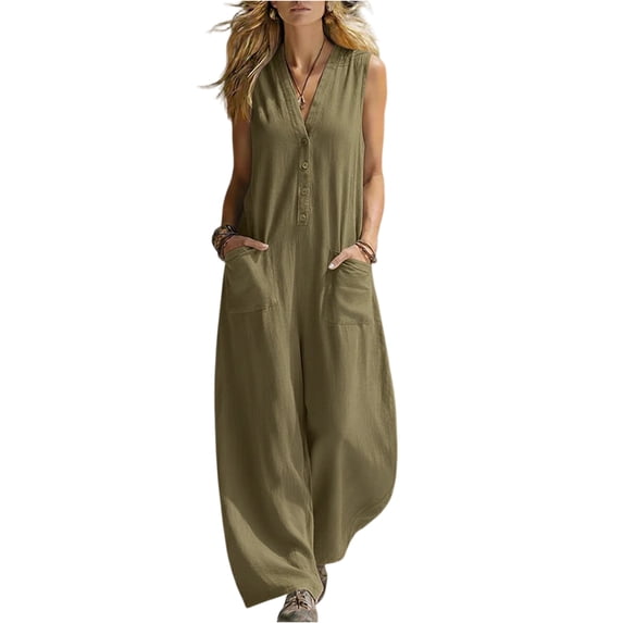 Women's Sleeveless V-Neck Button Front Wide Leg Jumpsuit Loose Casual Summer Outfit with Pockets