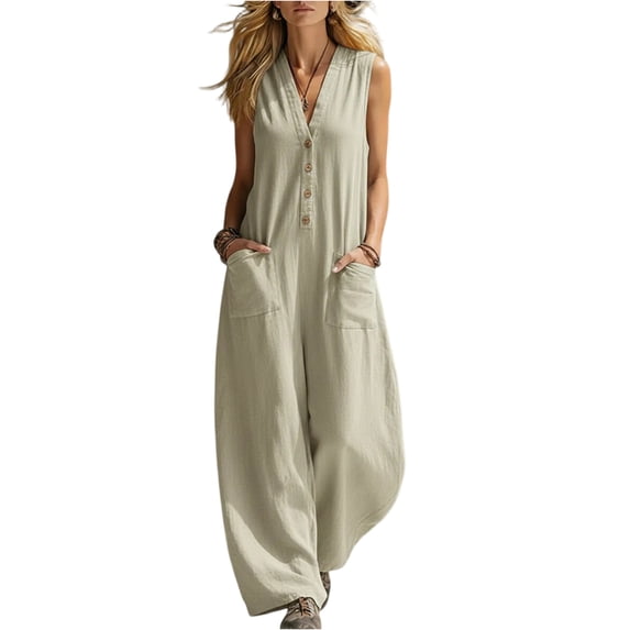 Women's Sleeveless V-Neck Button Front Wide Leg Jumpsuit Loose Casual Summer Outfit with Pockets