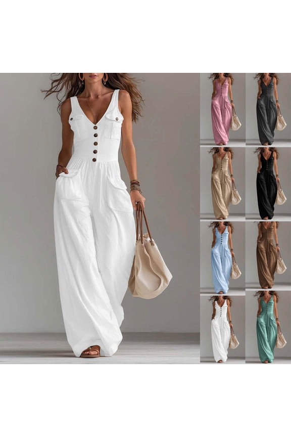 Women's Sleeveless V-Neck Button Down Jumpsuit, Soft Stretchy Polyester Blend Wide Leg Romper, Functional Cargo Side Pockets, Comfy One-Piece for Summer Beach Vacation, Daily