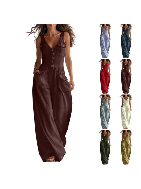 Women's Sleeveless V Neck Button Wide Leg Jumpsuit, Multi Cargo Pocket Polyester Romper, Flowy Casual Outfit for Brunch Vacation Workplace | TruHer,Army Green L
