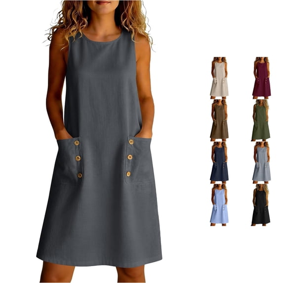 Women's Sleeveless V Neck Casual Dress, Buttonless Design, Lightweight Blend, Warm Weather Wear