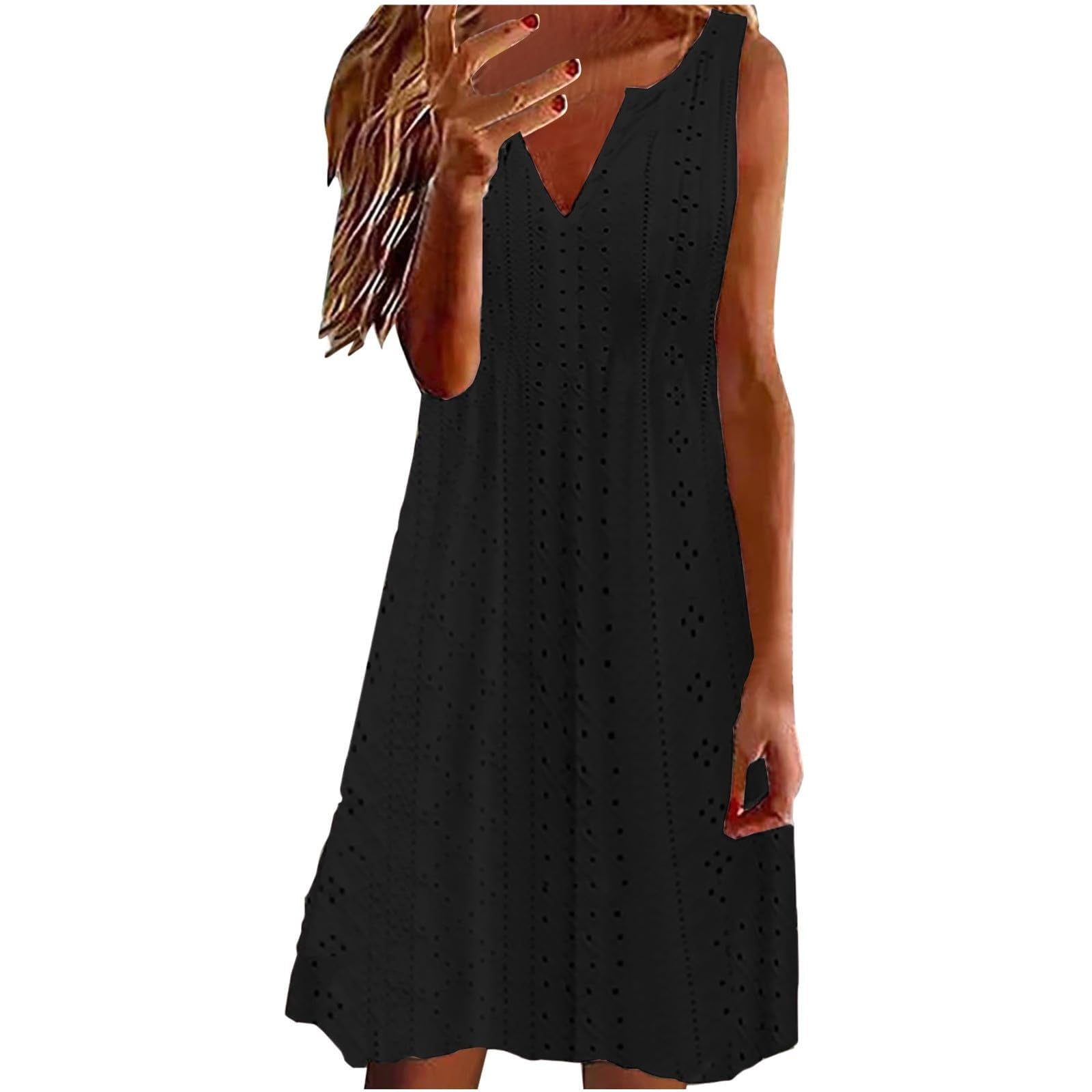 Women's Sleeveless V Neck Dress Casual Loose Fit Solid Color Eyelet