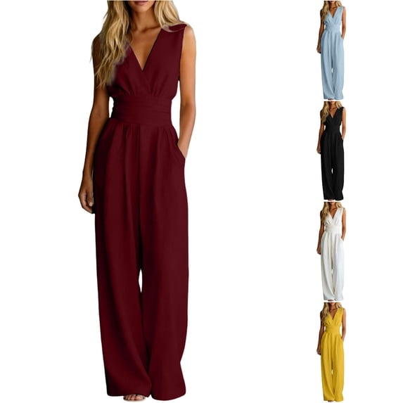 Women's Sleeveless V-Neck High Waist Wide Leg Jumpsuit with Pockets