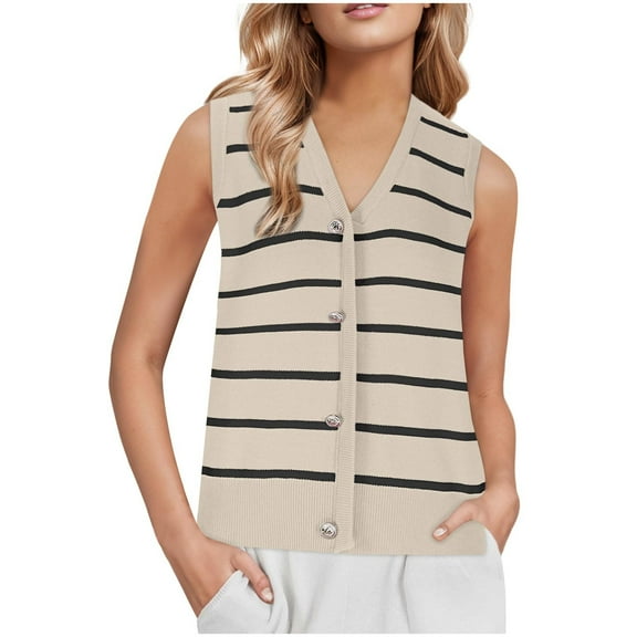Women's Sleeveless V Neck Knit Sweater Vest Cardigan Casual Loose Classic Striped Sweaters Vest Button Front Going Out Tops for Women