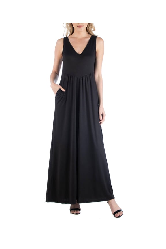 Women's Sleeveless V-Neck Maxi Dress with Pocket Detail Black L