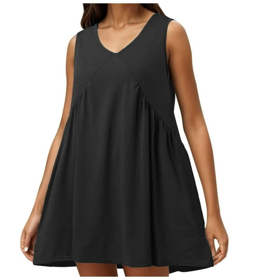 Women's Sleeveless V-Neck Mini Dress - Loose Fit, Pockets - Casual/Beach