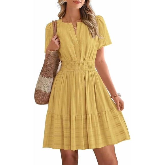 Women's Sleeveless V Neck Mini Sundress with Pockets, Elastic Waist Flowy A Line Casual Beach Dress