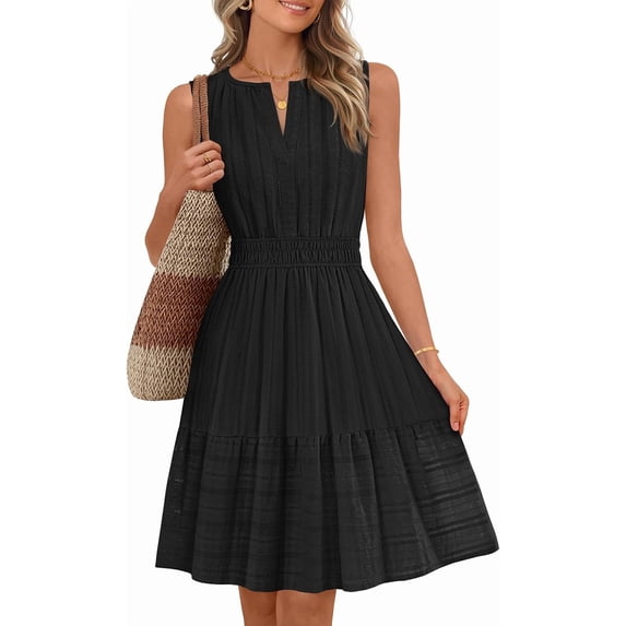 Women's Sleeveless V Neck Mini Sundress with Pockets, Elastic Waist Flowy A Line Casual Beach Dress