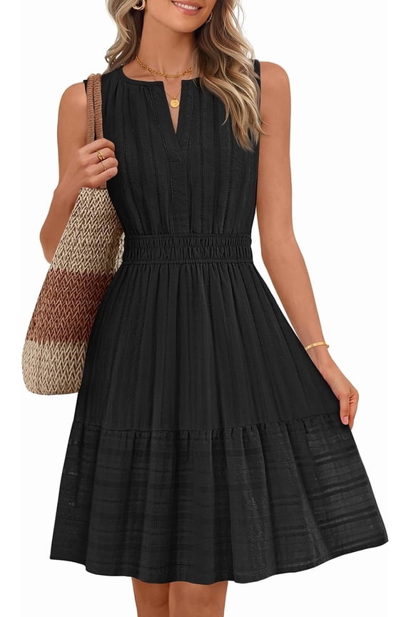 Women's Sleeveless V Neck Mini Sundress with Pockets, Elastic Waist Flowy A Line Casual Beach Dress