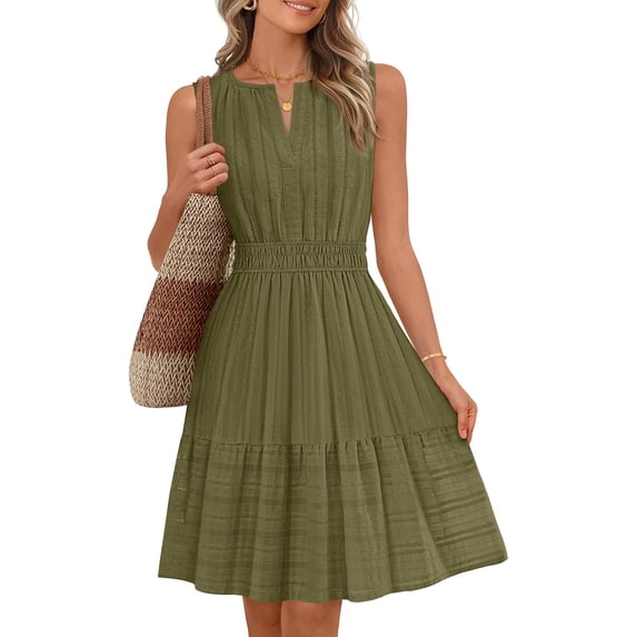 Women's Sleeveless V Neck Mini Sundress with Pockets, Elastic Waist Flowy A Line Casual Beach Dress