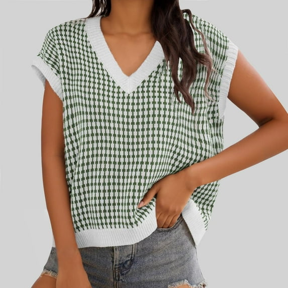 Women's Sleeveless V-Neck Pullover Sweater, Fashion Patchwork Design, Soft Acrylic Knit Fabric, Comfortable Casual Top for Everyday Use