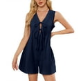 thumbnail image 1 of Women's Sleeveless V Neck Shorts Romper Tie Front Pleated Short Jumpsuits Cute Overall with Pockets Romper Shorts Dark Blue XL, 1 of 7