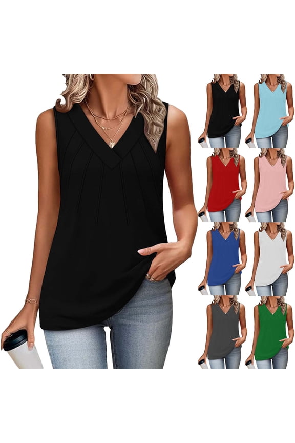 Women's Sleeveless V-Neck Solid Color Base Layer T-Shirt Top, Striped Summer Fashion, Lightweight Breathable Casual Tee for Spring Summer Vacation | CSEONE,Red L