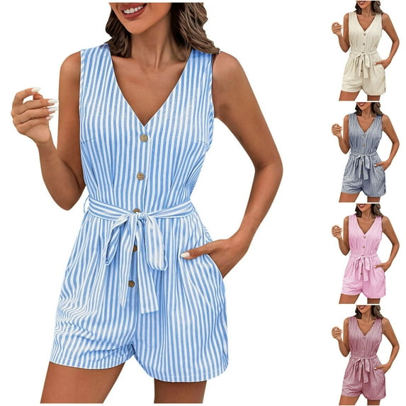 Women's Sleeveless V-Neck Stripe Jumpsuit with Functional Pockets, Perfect for Casual Outings, Summer Vacations, or Daily Wear, Versatile | CSEONE,Pink L
