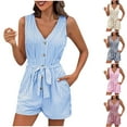 thumbnail image 1 of Women's Sleeveless V-Neck Stripe Jumpsuit with Functional Pockets, Perfect for Casual Outings, Summer Vacations, or Daily Wear, Versatile | CSEONE,Red L, 1 of 7