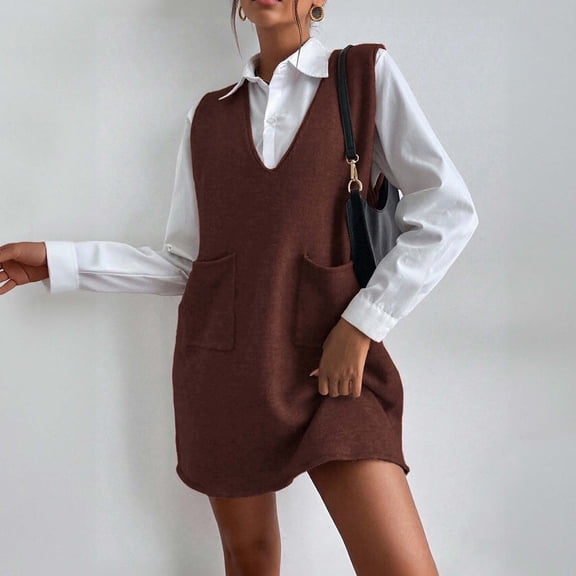 Women's Sleeveless V Neck Sweater Dress Pullover Vests Short Dresses with Pockets for Dressy Casual Brown S