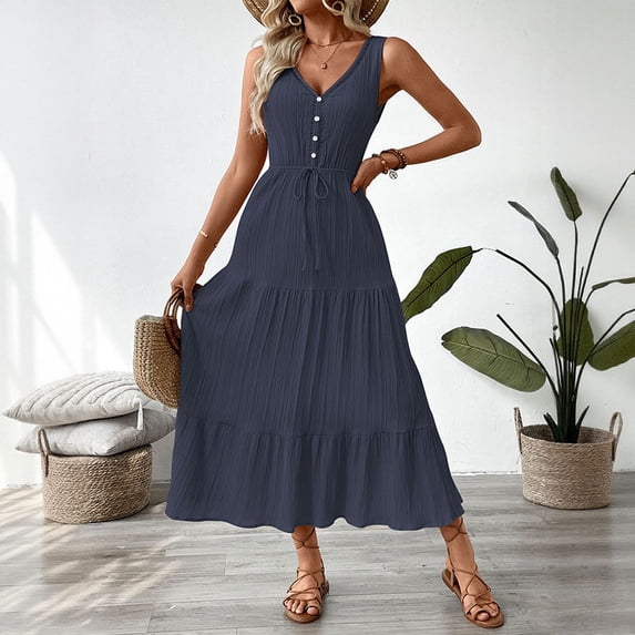Women's Sleeveless V Neck Textured Tiered Maxi Dress Self Tie Waist Button Front Summer Flowy Long Dress
